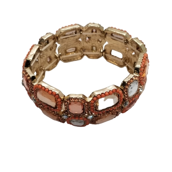 VINTAGE PEACH & CHAMPAGNE COLORED RHINESTONE STRETCH BRACELET - Picture 5 of 5